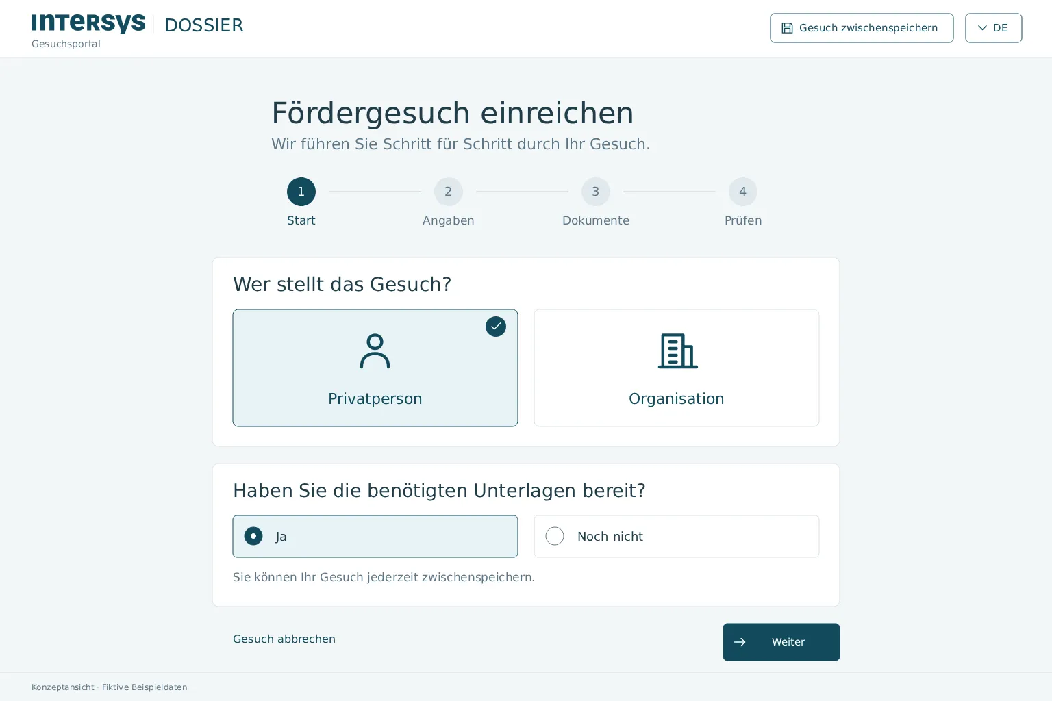 Onlineportal mit Auswahl des Gesuchs und den Schritten Angaben, Dokumente und Prüfen.