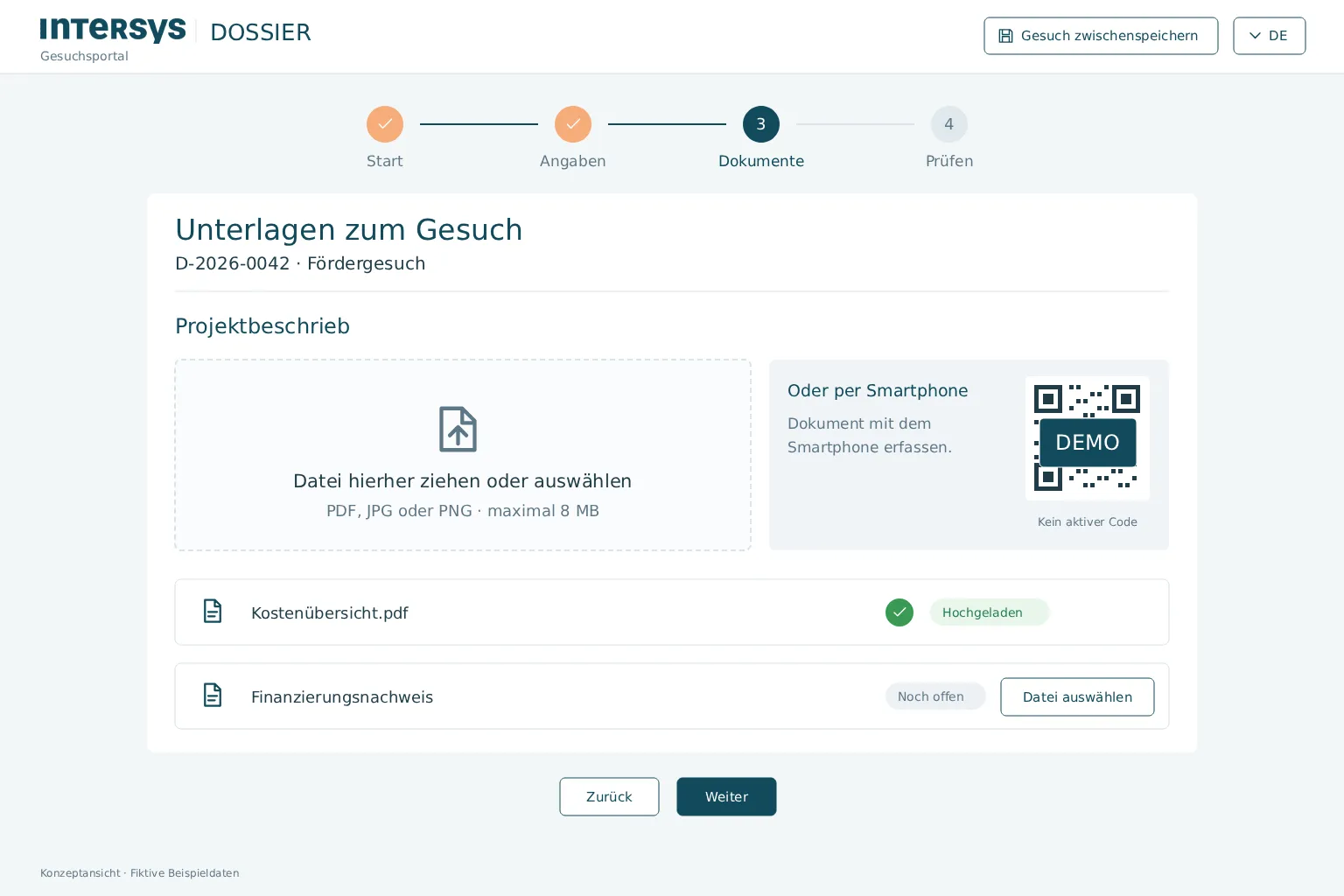 Dokumentupload mit eingereichten und offenen Beilagen sowie optionalem QR-Upload per Smartphone.