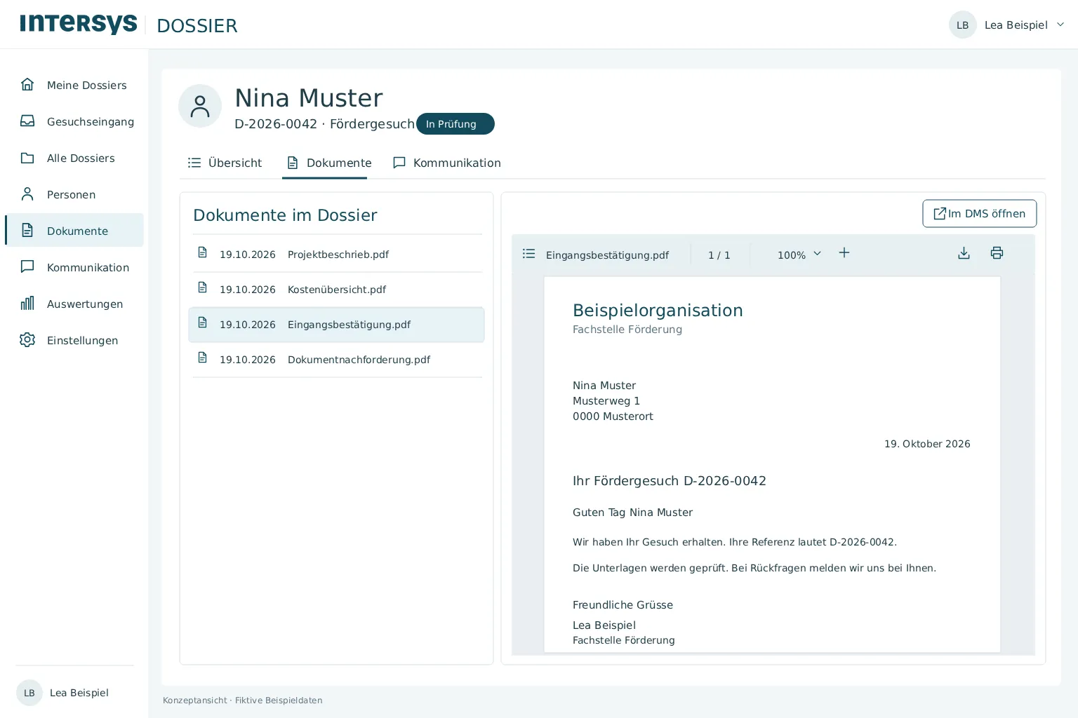 Dokumentliste mit Briefvorschau und Verknüpfung zum angebundenen Dokumentenmanagement.
