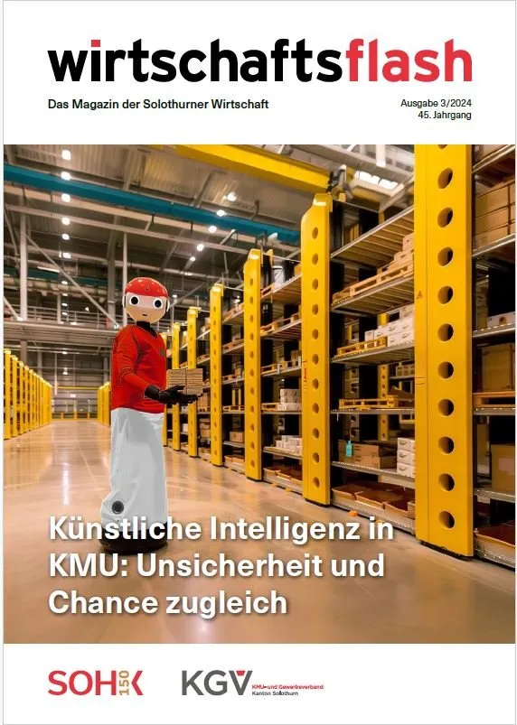 Titelseite des Wirtschaftsflash 3/2024 mit dem Titel «Künstliche Intelligenz in KMU: Unsicherheit und Chance zugleich»