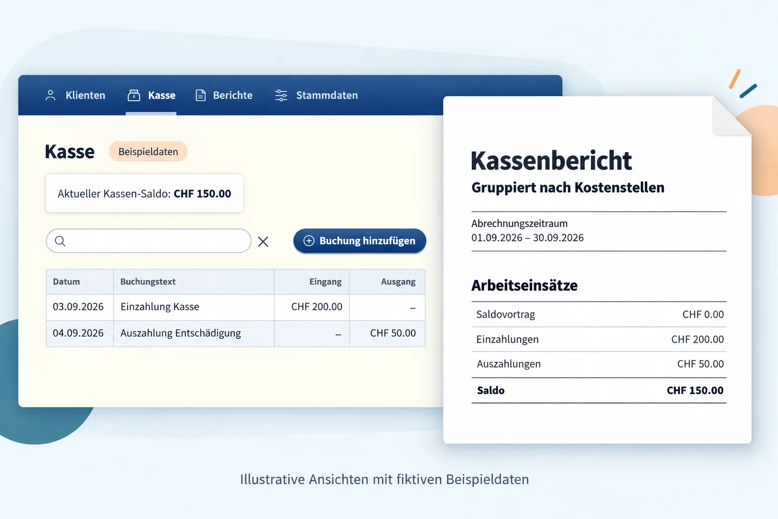 Kassenbereich der Webanwendung mit aktuellem Kassensaldo und Buchungen, daneben ein PDF-Kassenbericht für einen Abrechnungszeitraum, gruppiert nach Kostenstellen. Fiktive Beispieldaten.