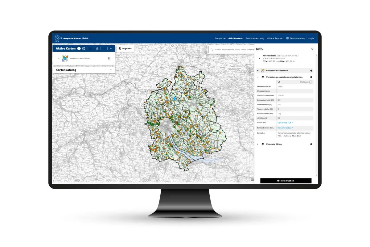 Karte der Verkehrsmessstellen im Geoportal des Kantons Zürich mit Detailangaben zu einer Messstelle