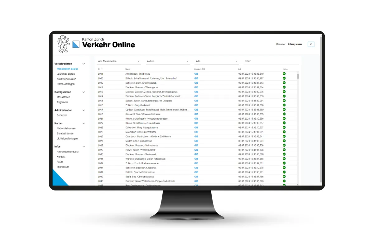 Messstellen-Status in «Verkehr Online»: Liste der Verkehrsmessstellen mit Zeitpunkt der letzten Daten