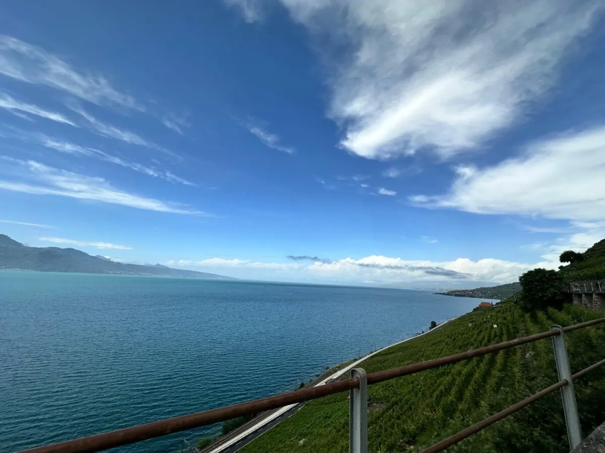 Der Lavaux Express steht an einem Platz im Lavaux