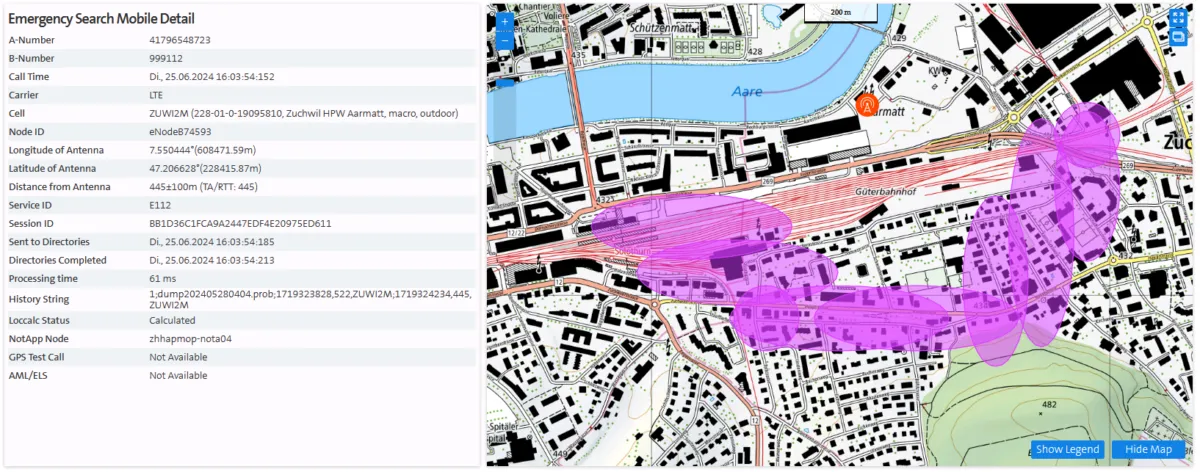 Detailansicht eines mobilen Testnotrufs im Location Information Server mit Antennendaten und Karte des berechneten Standortbereichs